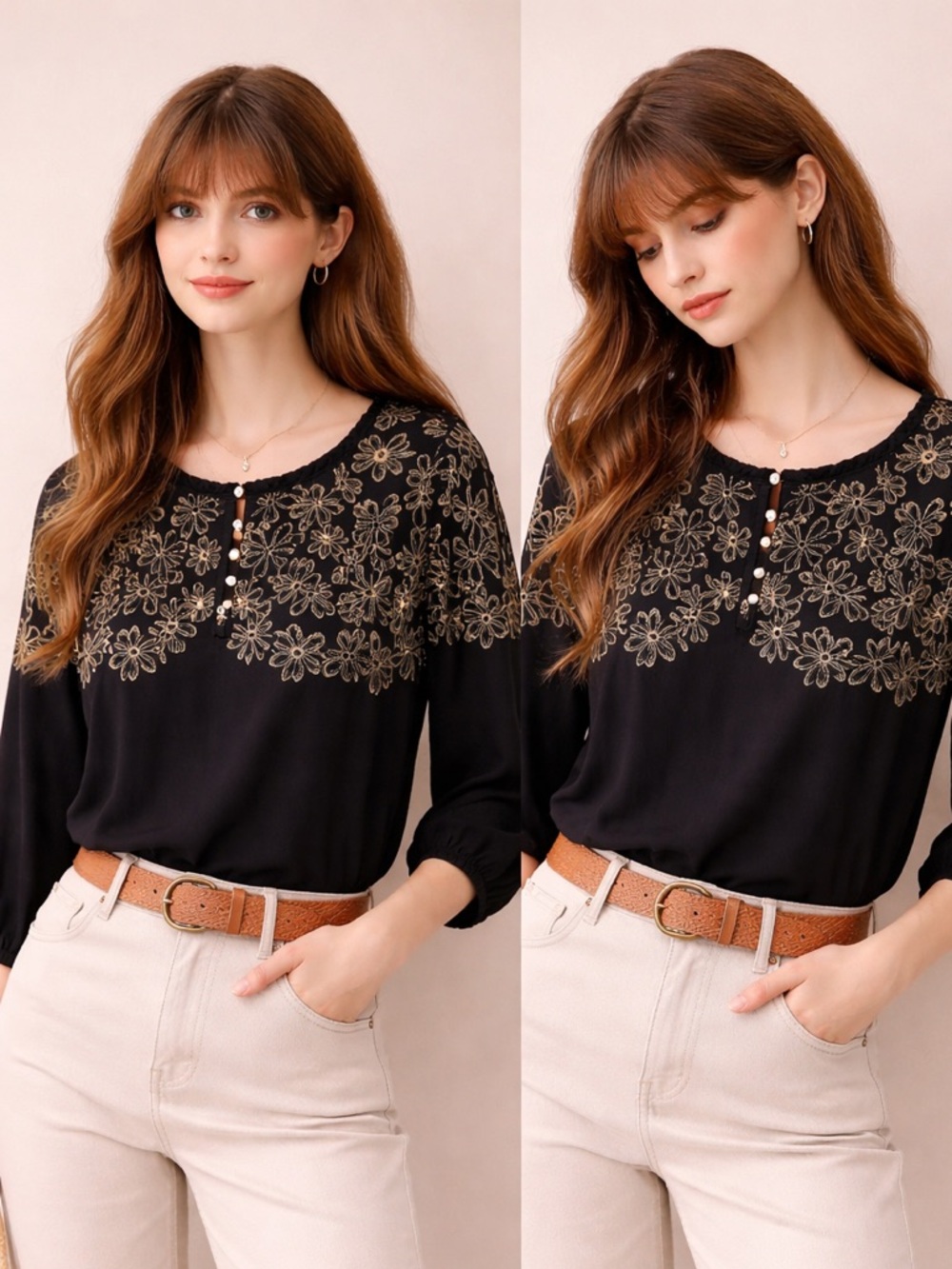 J. Jill Black Gold Embroidered Floral Boho CottageCore Blouse Size M